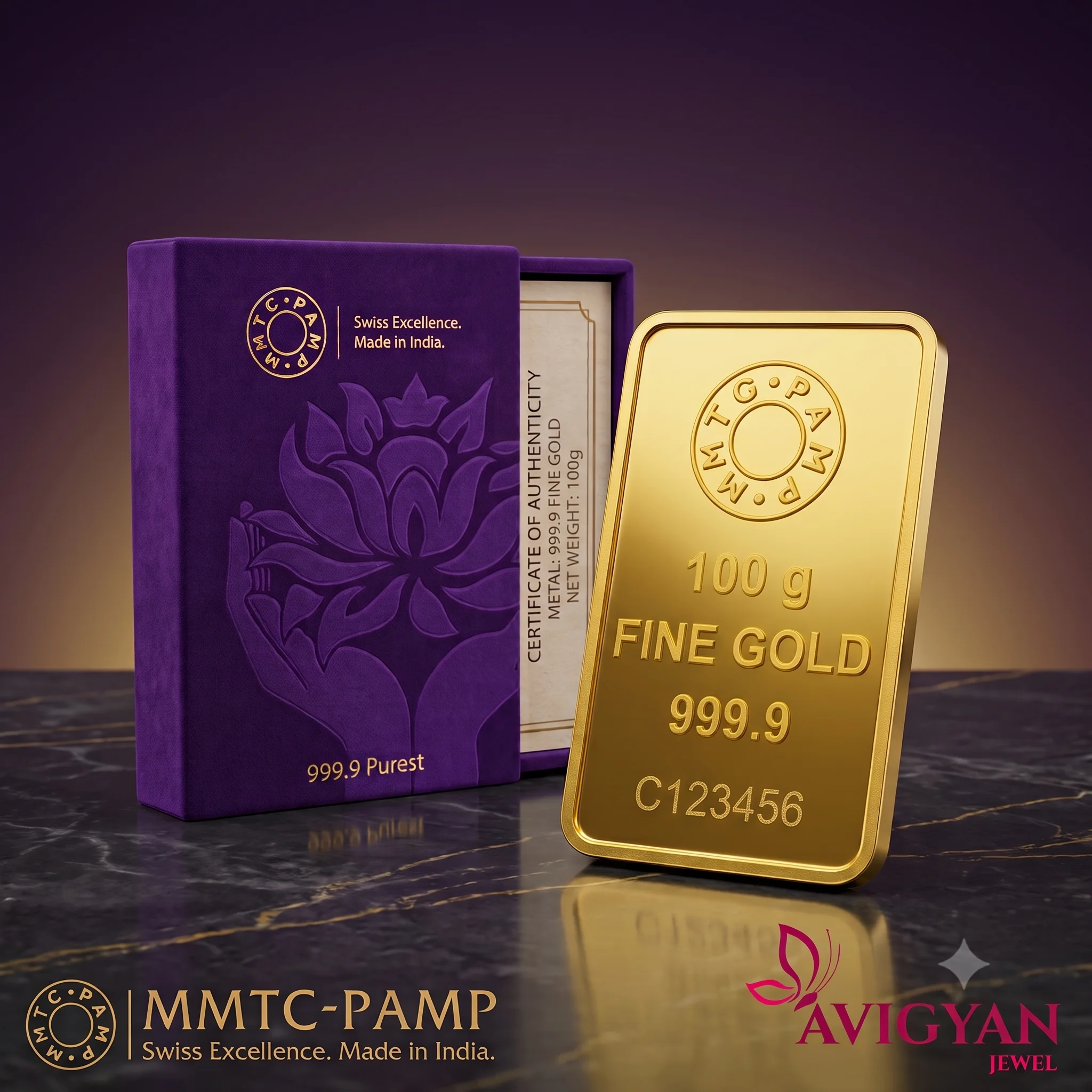 MMTC-PAMP Lotus Gold Bar 100g 999.9
