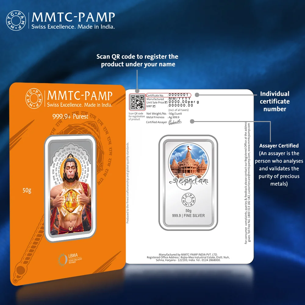 MMTC-PAMP Purest 50g Lord Hanuman Silver Bar 999.9+ - Image 1